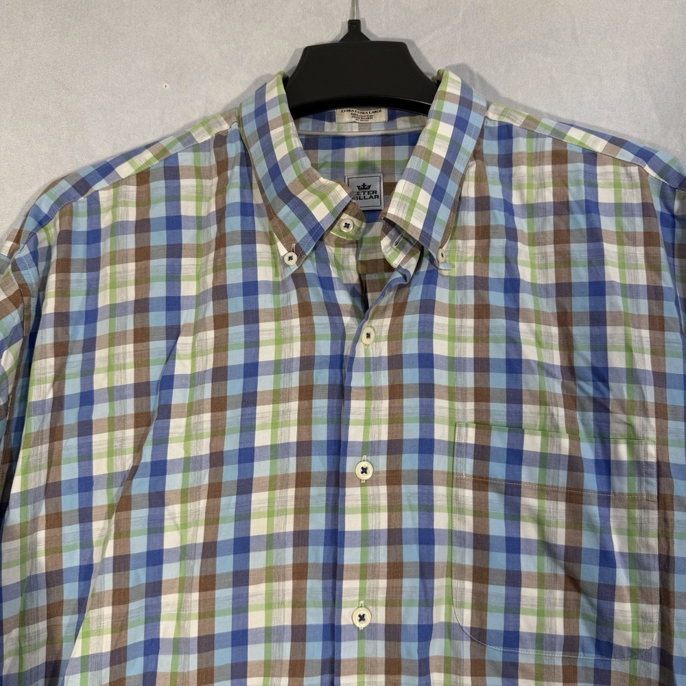 PETER‎ MILLAR Blue Green Long Sleeve Button Down Check Plaid Preppy Shirt 2XL